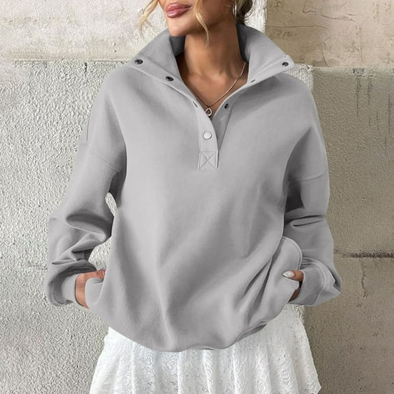 Pounoo Oversized Sweatshirt for Women Henley Neck Collar Button Long Sleeve Shirts Fall Loose Workout Pullover Blouse Gift