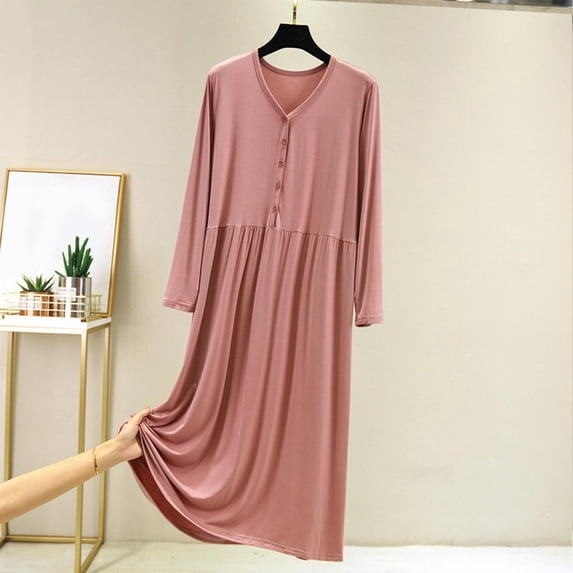 Pounoo Pajamas for Women Set V Neck Button Front Long Sleeve Loose Fit Nightgowns Soft Sleep Dresses Cozy Home Loungewear Gift