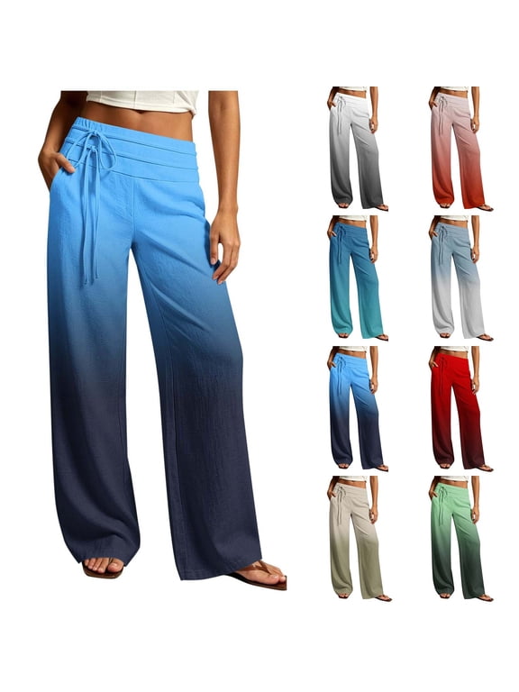 Palazzo Pants for Women High Waist Double Layer Waistband Gradient Drawstring Wide Leg Pants Lightweight Beach Casual Trousers