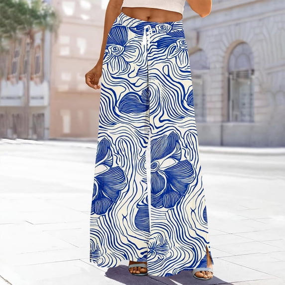 Pounoo Palazzo Pants for Women High Waist Drawstring Side Split Floral Wave Print Wide Leg Pants Flowy Boho Beach Vacation Trousers