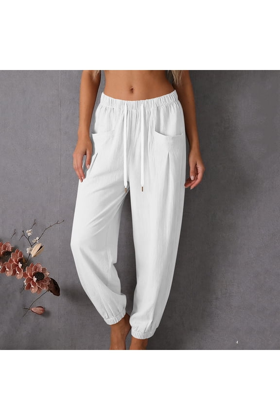 Pants for Women Elastic Waist Linen Blend Pants Boho Vacation Style Lightweight Breathable Drawstring Waist Jogger Style with Pockets Solid Color Pants Gift