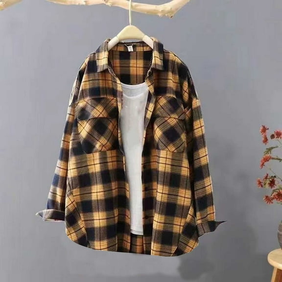 Pounoo Plaid Flannel Long Sleeve Shirts for Women Loose Fit Button Down Shirt Jacket Casual Flannel Blouse Tops Gift