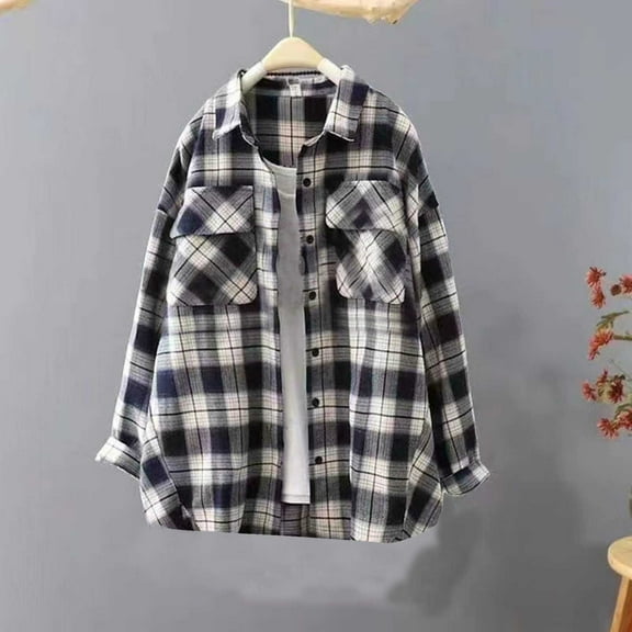 Pounoo Plaid Flannel Long Sleeve Shirts for Women Loose Fit Button Down Shirt Jacket Casual Flannel Blouse Tops Gift