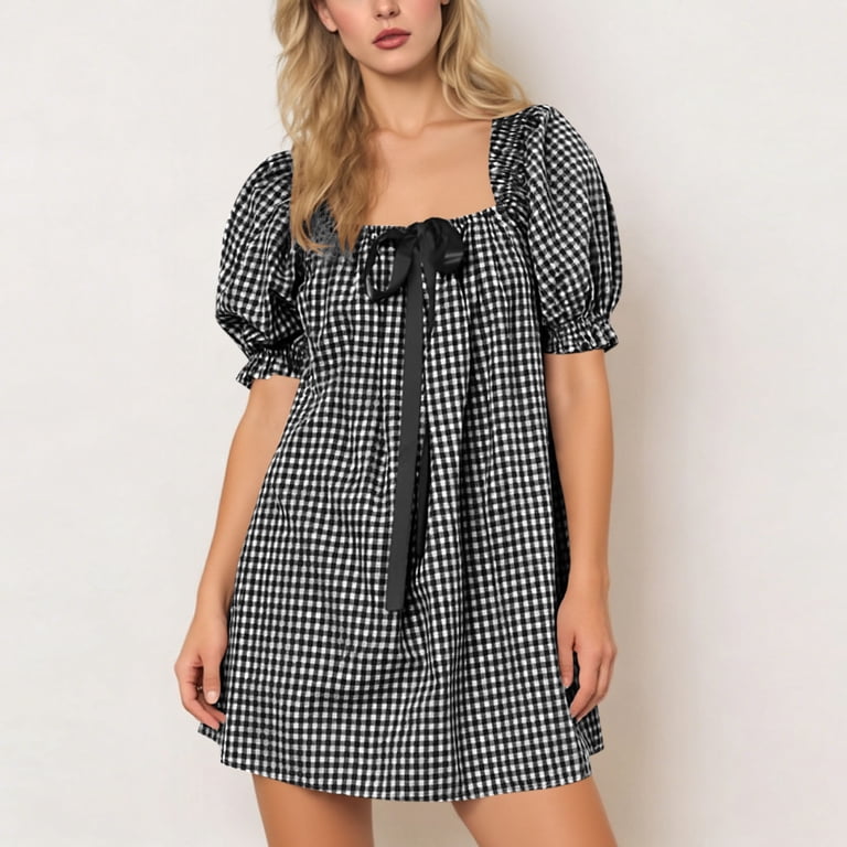 plaid square neck mini dress Fmbrln Womens Summer Plaid Dress Short Sleeve Square Neck Mini Dress Casual Loose Beach Vacation Sun Dress, Women's, Size: XL, Green