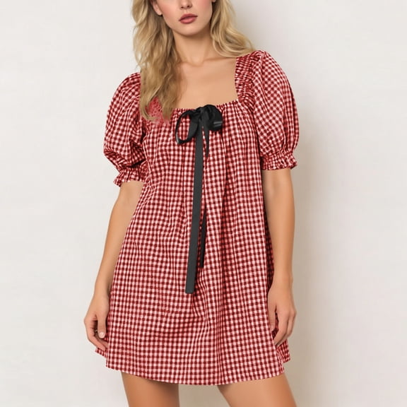 Pounoo Plaid Mini Dresses for Women Bow Tie Front Square Neck Short Puff Sleeve Mini A-Line Dress Trendy Going Out Boho Party Clubwear Gift
