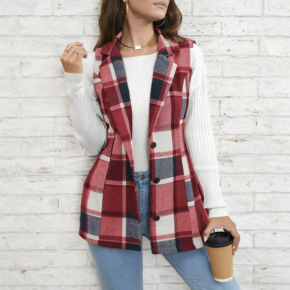 Pounoo Plaid Vest for Women Christmas Cardigan Winter Fall Flannel Vest Sleeveless Blazer Jacket Long Shacket Vest Gift
