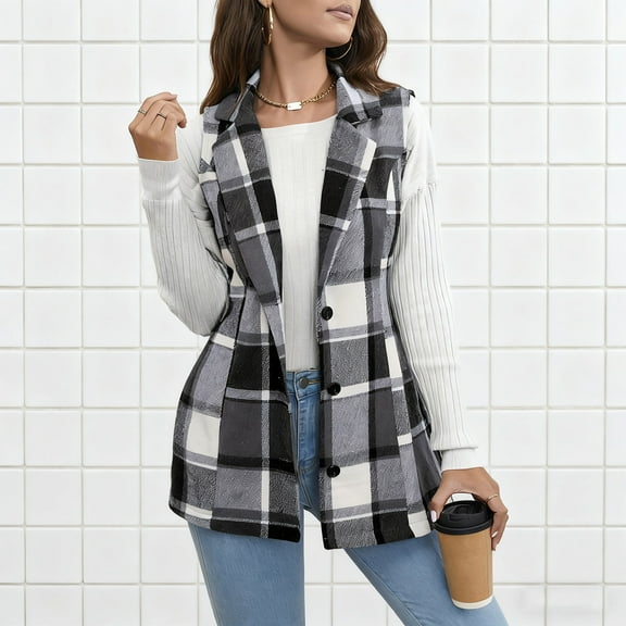 Pounoo Plaid Vest for Women Christmas Cardigan Winter Fall Flannel Vest Sleeveless Blazer Jacket Long Shacket Vest Gift