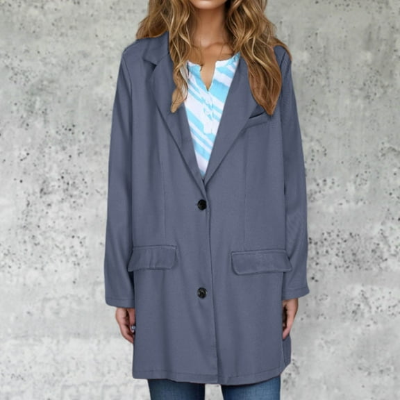 Pounoo Plus Size Blazers for Women Single Breasted Open Front Notch Lapel Long Blazers Long Sleeve Jacket Casual Work Clothes