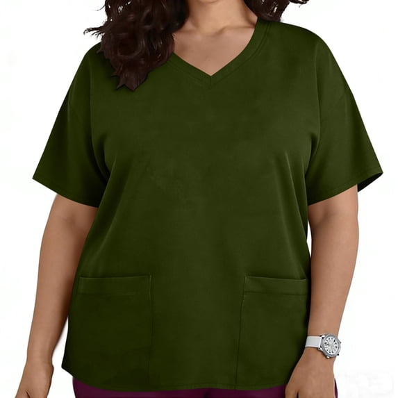 Pounoo Plus Size Scrubs for Women V-Neck Solid Color Top Oversized Soft Stretch Medical Uniform Top Durable & Breathable Scrub Shirt Gift