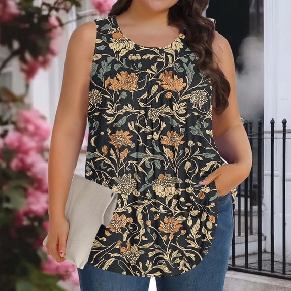 Pounoo Plus Size Tops for Women Sleeveless Crewneck Floral Print Tanks Weekend Errands Brunch Date Casual Cozy Loose Tops Gift