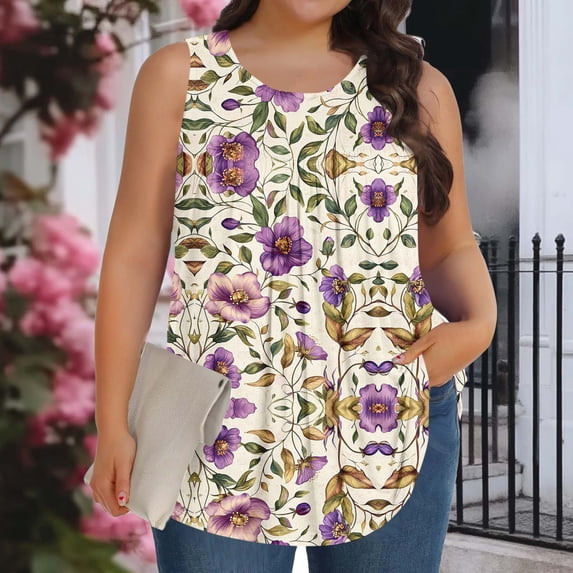 Pounoo Plus Size Tops for Women Sleeveless Crewneck Floral Print Tanks Weekend Errands Brunch Date Casual Cozy Loose Tops Gift