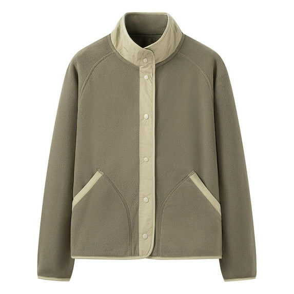 Pounoo Polar Fleece Jackets for Women Button Up Stand Collar Sherpa Long Sleeve Coats Lightweight Splice Fall Warm Outwear with Pockets