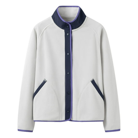 Pounoo Polar Fleece Jackets for Women Button Up Stand Collar Sherpa Long Sleeve Coats Lightweight Splice Fall Warm Outwear with Pockets