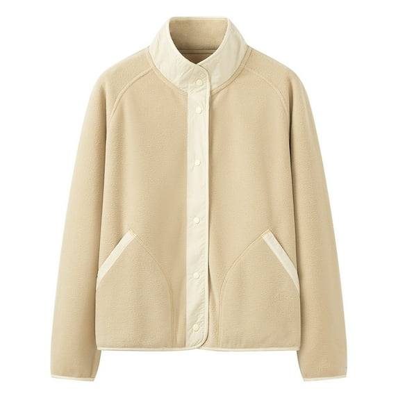 Pounoo Polar Fleece Jackets for Women Button Up Stand Collar Sherpa Long Sleeve Coats Lightweight Splice Fall Warm Outwear with Pockets