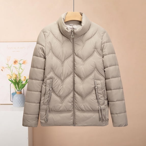 Pounoo Puffer Jackets for Women Stand Collar Lightweight Quilted Jacket Casual Trendy Warm Down Long Sleeve Coats with Pockets Gift