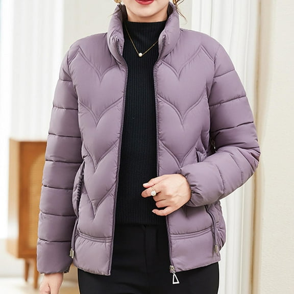 Pounoo Puffer Jackets for Women Stand Collar Lightweight Quilted Jacket Casual Trendy Warm Down Long Sleeve Coats with Pockets Gift