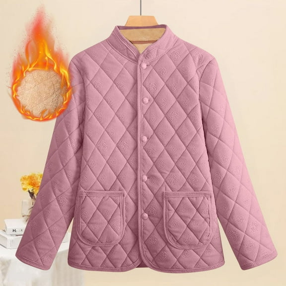 Pounoo Quilted Jackets for Women Stand Collar Button Up Sherpa Lined Winter Warm Padded Down Coat Outerwear with Pockets Gift