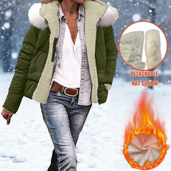 Pounoo Reversible Puffer Jackets for Women Sherpa Fuzzy Fleece Lined Coats Casual Zip Up Hooded Winter Warm Outerwear Gift