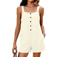 thumbnail image 1 of Pounoo Rompers for Women Square Neck Spaghetti Strap Linen Blend Rompers Minimalist Style Lightweight Breathable Button Front With Pockets Loose Fit Rompers Gift, 1 of 6