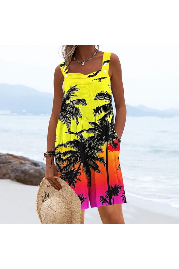 Rompers for Women Spaghetti Strap Tropical Print Pocket Detail Loose Fit Jumpsuits Beach Vacation Comfortable Bottoms