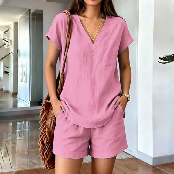 Pounoo Sets for Women 2 Piece V Neck Short Sleeve Top Elastic Waist Shorts Casual Summer Beach Vacation Matching Outfits