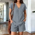 thumbnail image 1 of Pounoo Sets for Women 2 Piece V Neck Short Sleeve Top Elastic Waist Shorts Casual Summer Beach Vacation Matching Outfits, 1 of 9