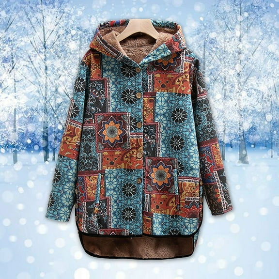 Pounoo Sherpa Fleece Lined Jackets for Women Button Up Patchwork Vintage Ethnic Style Coats Winter Warm Hooded Jacket Gift