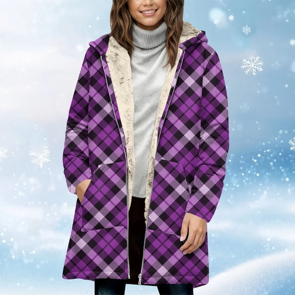 Pounoo Sherpa Fleece Lined Winter Coats for Women Plaid Zipper Up Thermal Hoodies Jacket Thicken Warm Casual Outerwear with Pockets Gift
