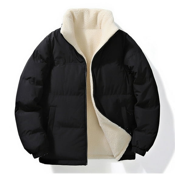 Pounoo Sherpa Lined Puffer Jacket for Women Winter Warm Stand Collar Zip Up Solid Color Coats Quilted Parkas Outerwear with Pockets