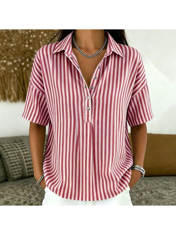 Shirts for Women Lapel Collar Vertical Stripe Print Short Sleeve Tops for Women Oversized Fit Street Holiday Casual Tops for Women