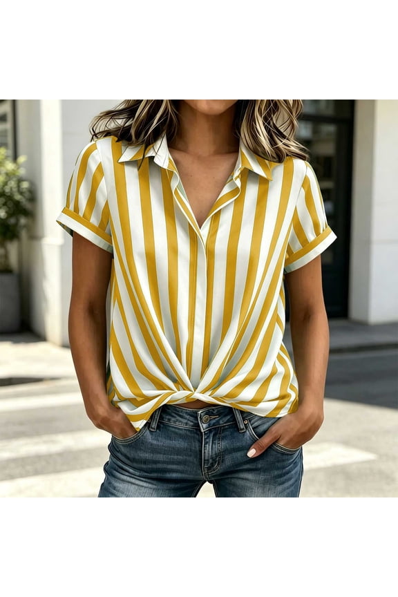 Shirts for Women Lapel Collar Vertical Stripe Print Short Sleeve Tops for Women Relaxed Fit Street Casual Tops for Women