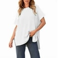 thumbnail image 1 of Pounoo Short Sleeve Tees for Women Crew Neck Ribbed Knit Tee Oversized Side Slit Top Relaxed Fit Casual Loose Outfits Gift, 1 of 7