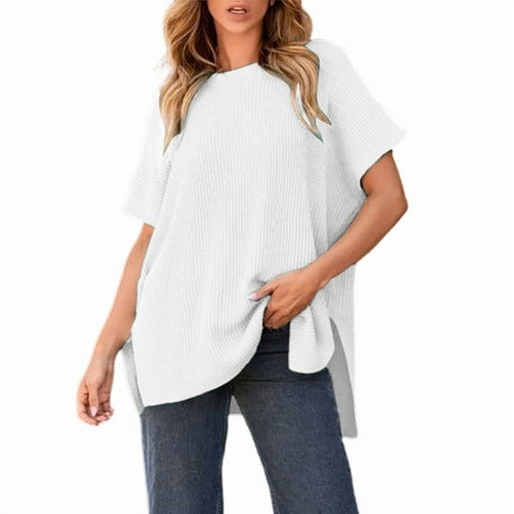 Pounoo Short Sleeve Tees for Women Crew Neck Ribbed Knit Tee Oversized Side Slit Top Relaxed Fit Casual Loose Outfits Gift