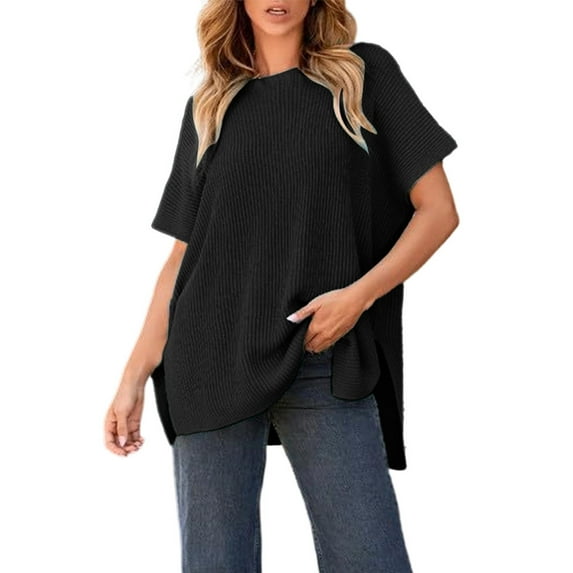 Pounoo Short Sleeve Tees for Women Crew Neck Ribbed Knit Tee Oversized Side Slit Top Relaxed Fit Casual Loose Outfits Gift