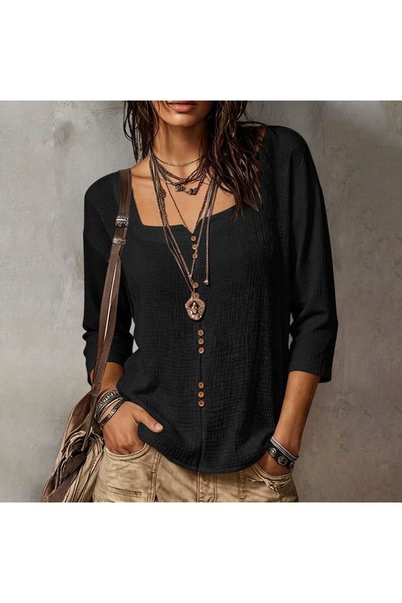 Short Sleeve Tops for Women Square Notch Neck Button Front Short Sleeve Tops for Women Regular Fit Soft Boho Tops for Women
