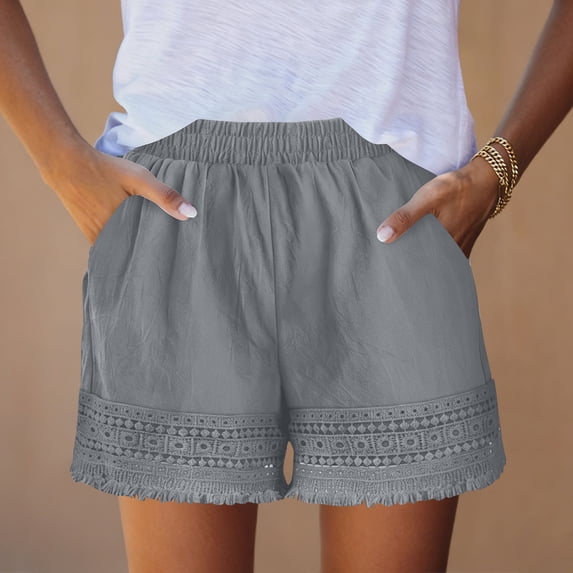 Pounoo Shorts for Women Solid Color Crochet Lace Hem Shorts Weekend Outings Breathable Versatile Relaxed Fit Everyday Bottoms Gift