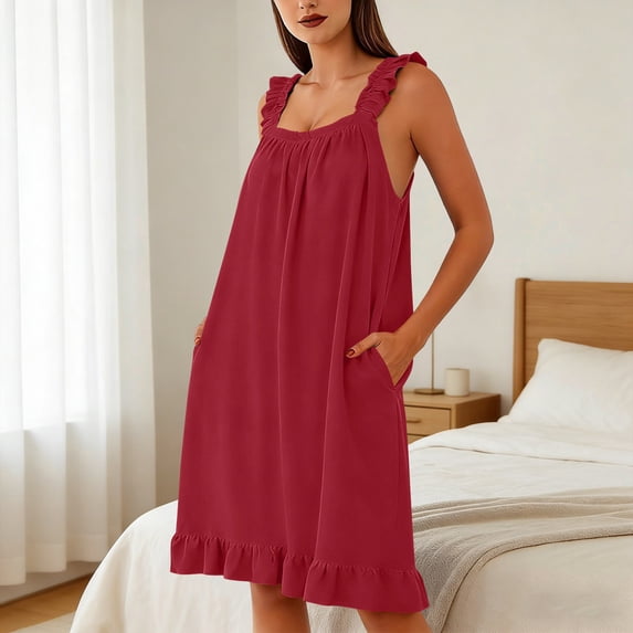 Pounoo Sleep Dresses for Women Square Neck Sleeveless Ruffled Trim Loose Fit Nightgowns Comfortable Flowy Maxi Nightwear Gift