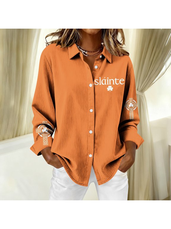 St Patricks Day Long Sleeve Shirts for Women Lapel Button Down Blouse Shamrock Four Leaf Clover Holiday Green Top Gift