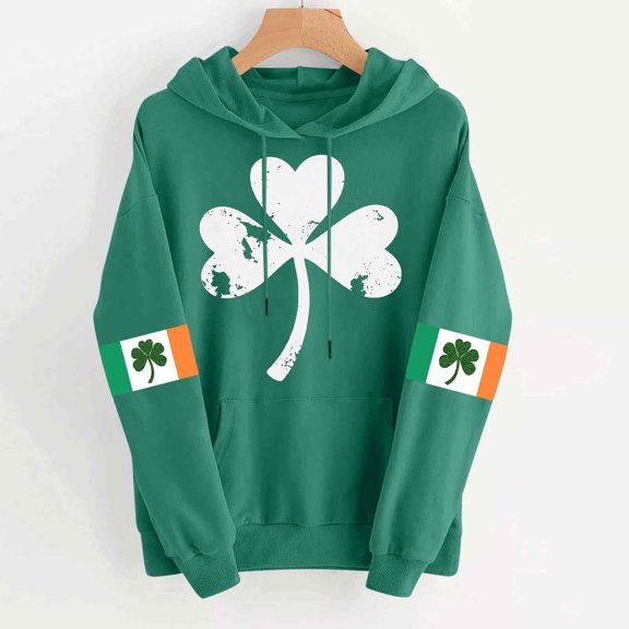 Pounoo St Patricks Day Sweatshirt for Women Luck Irish Clover Print Long Sleeve Hoodies Lucky Leaf Clover Sweatshirts Pullover St Pattys Tops Gift
