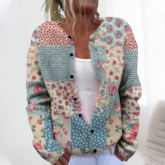 Pounoo Stripe Plaid Patchwork Print Cardigan Sweaters for Women Boho Button Down Cardigans Long Sleeve Fall Winter Coat