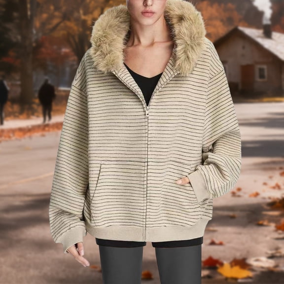 Pounoo Striped Fleece Collar Zip Up Hoodies for Women Trendy Casual Long Sleeve Jacket Cozy Soft Outerwear Gift