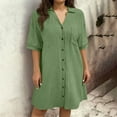 thumbnail image 1 of Pounoo Stylish Summer Dress for Women Button Down Solid Color Plain Beach Long Dress Pleated Flowy Swing Short Sleeve Mini Dress Gift, 1 of 8