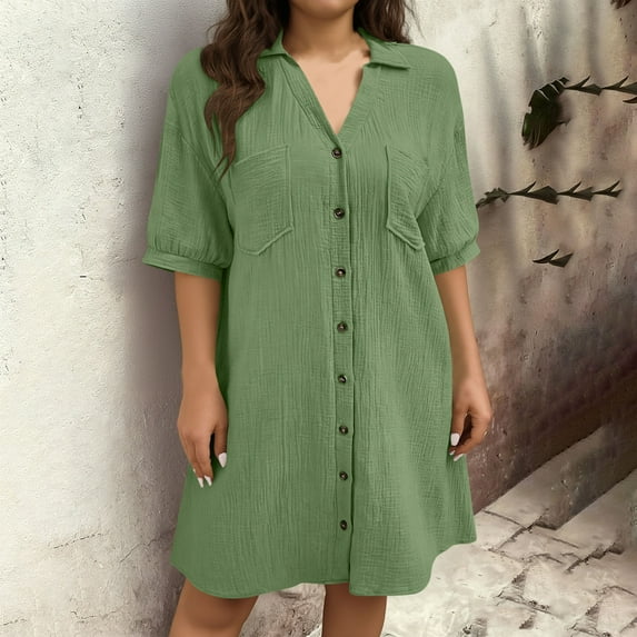 Pounoo Stylish Summer Dress for Women Button Down Solid Color Plain Beach Long Dress Pleated Flowy Swing Short Sleeve Mini Dress Gift