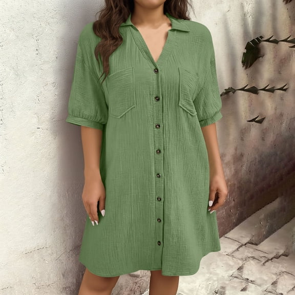 Pounoo Stylish Summer Dress for Women Button Down Solid Color Plain Beach Long Dress Pleated Flowy Swing Short Sleeve Mini Dress Gift