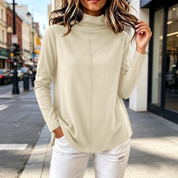 Pounoo Summer Tops for Women High Neck Solid Long Sleeve Curved Hem Womens Tops Relaxed Fit Lightweight Womens Tops