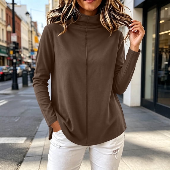 Pounoo Summer Tops for Women High Neck Solid Long Sleeve Curved Hem Womens Tops Relaxed Fit Lightweight Womens Tops