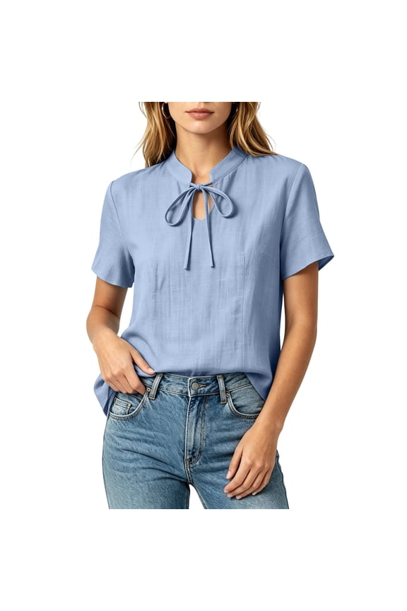 Summer Tops for Women Mandarin Collar Tie Detail Short Sleeve Tops for Women Regular Fit Daily Casual Lightweight Boho Tops for Women
