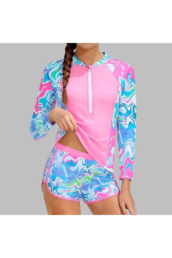 Surfing Swimwear Sets Women Swirl Print Long Sleeve Half Zip Rash Guard Tops Swim Shorts Two Piece Bathing Suits Gift
