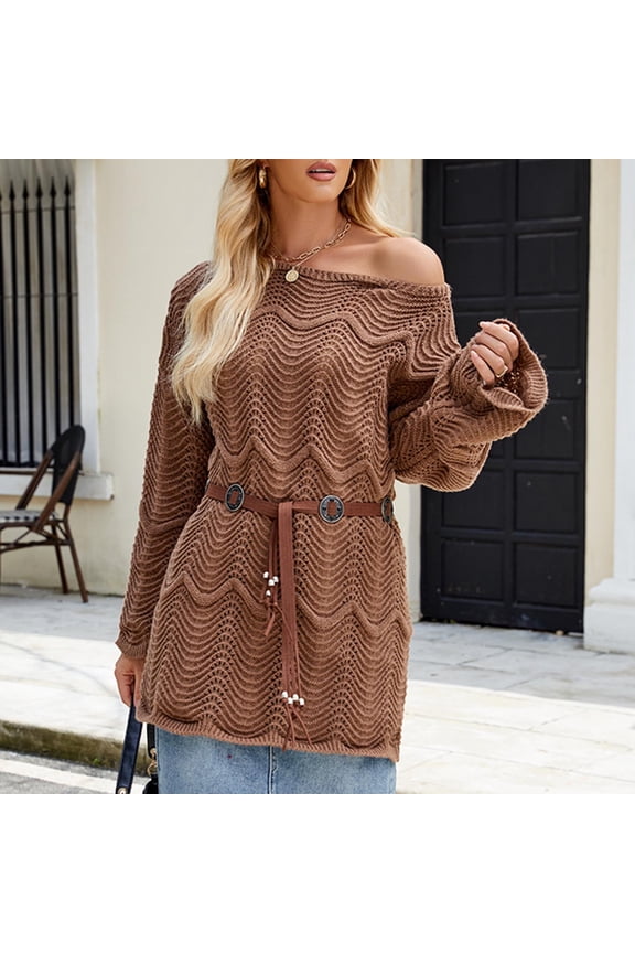 Sweaters for Women Oversized Hollow Out Off Shoulder Pullover Sweaters Vintage Knit Western Tops with Boho Belt Gift