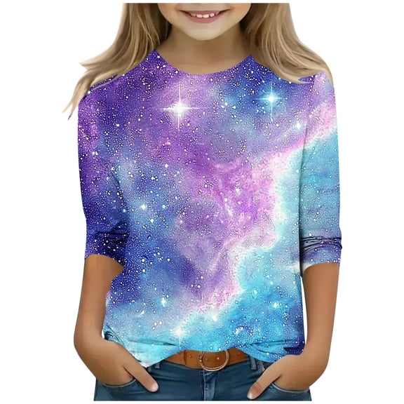 Pounoo Sweatshirts Pullovers Kids (3Y-12Y) Star Element Casual Printed Pattern Cropped Sleeve Round Neck Shirt Long Sleeve Shirt Girls Sweaters